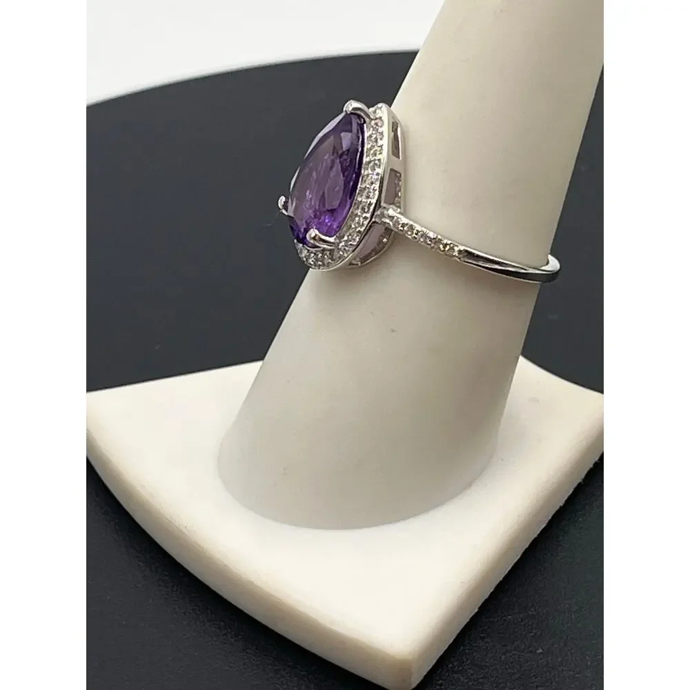 S925 Sterling Silver Pear‎ Shaped Purple Amethyst CZ ring Sze 8.25
